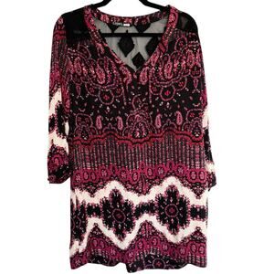 Gypsy 05, Size Medium, Black Floral Silk Shift Dress, Boho, Tunic, EUC, Illusion